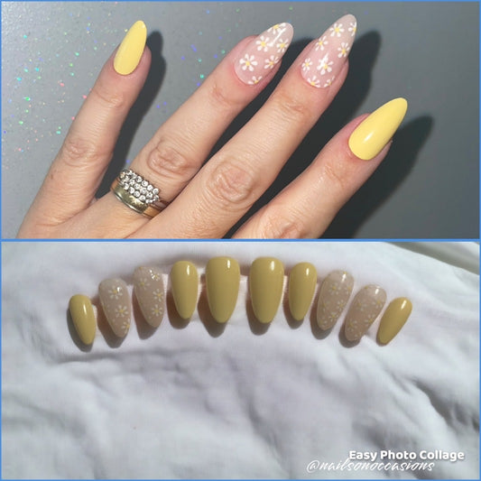 Press On Nails | yellow Nails | medium Almond Gel Nails | Acrylic Nails | False Nails | Fake Nails | Thanksgiving Nails | BIAB | Handmade | Removable Nails | Stick on nails | UK free delivery | Summer nails | Nails on occasions | salon ready | daisy art