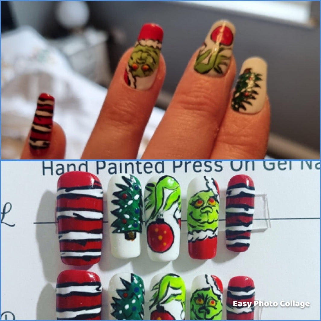 Luxury Press On Nails | Christmas Nails | Medium Grinch Inspired Gel Nails | Acrylic Nails | False Nails | Fake Nails | Thanksgiving Nails | BIAB | Handmade | Removable Nails | Stick ons | UK free delivery | Novelty nails | salon ready | Square shape |