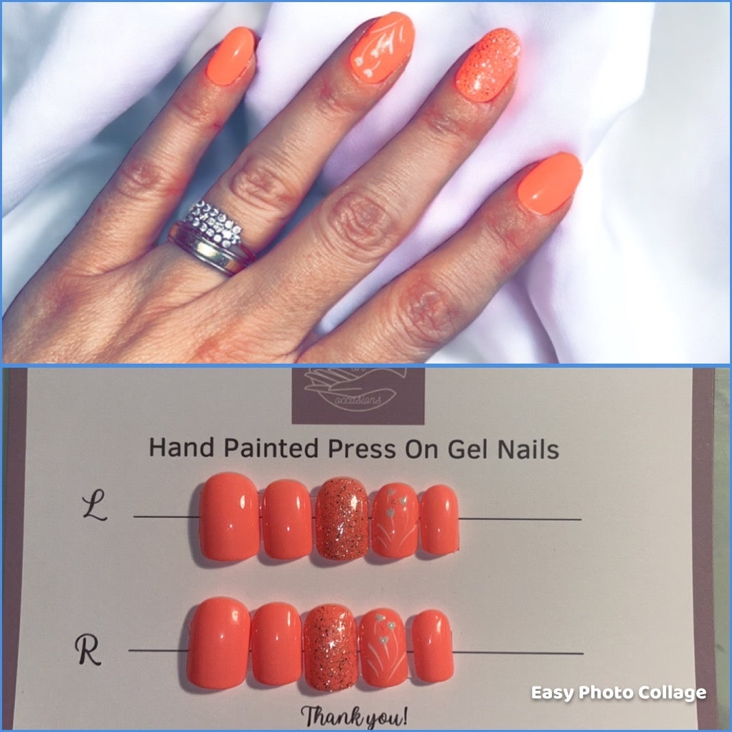 Handpainted Short Oval press on nails |coral colour | nail art | stick on false nails | glue on nails | lSelf adhesive | Glue on | Full Cover Nails | Fake Nails | UK Free Delivery | Luxury Gifts | Gel Nails | Minimalist | BIAB | Application kit included |