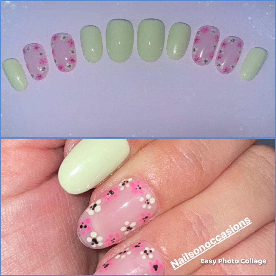 Luxury Press On Nails | Floral Nails | Medium Green Gel Nails | Acrylic | False | Fake Nails | Thanksgiving Nails | BIAB | Handmade | Removable | Stick on | UK free delivery | Autumn  nails | salon ready | Almond shape | Pastel | Occasion wear |