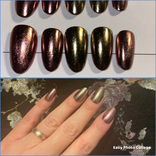 Luxury Press On Nails | Chrome Nails | Medium Rose Gold Gel Nails | Acrylic | False | Fake | Thanksgiving Nails | BIAB | Handmade | Removable Nails | Stick on nails | UK free delivery | Autumn nails | salon ready | Round shape | Reusable | Luxury | Polish