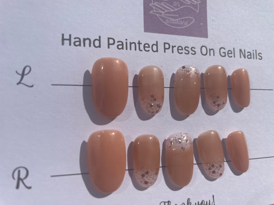 Handmade Press on Nails Autumn | Self adhesive | Glue on | Full Cover Nails | Fake Nails | Brown Colour | UK Free Delivery | Luxury Gifts | Gel Nails | Coffin shape | BIAB | Application kit included | Reusable | Durable | Occasion wear | Gold French Tips.