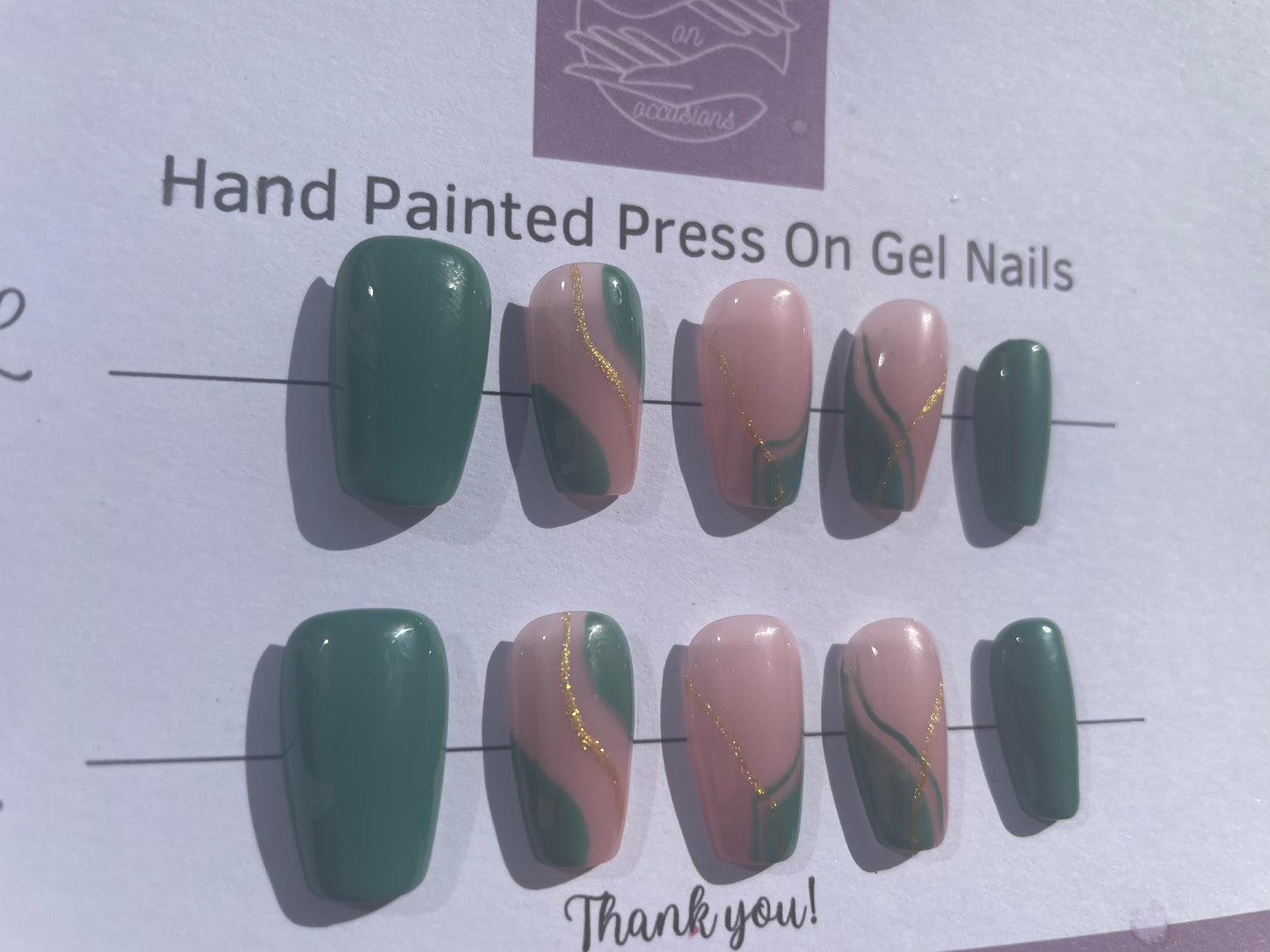 Handmade Press on Nails Autumn | Self adhesive | Glue on | Full Cover Nails | Fake Nails | Green Colour | UK Free Delivery | Luxury Gifts | Gel Nails | Coffin shape | BIAB | Application kit included | Reusable | Durable | Occasion wear | Gold Nail art |..