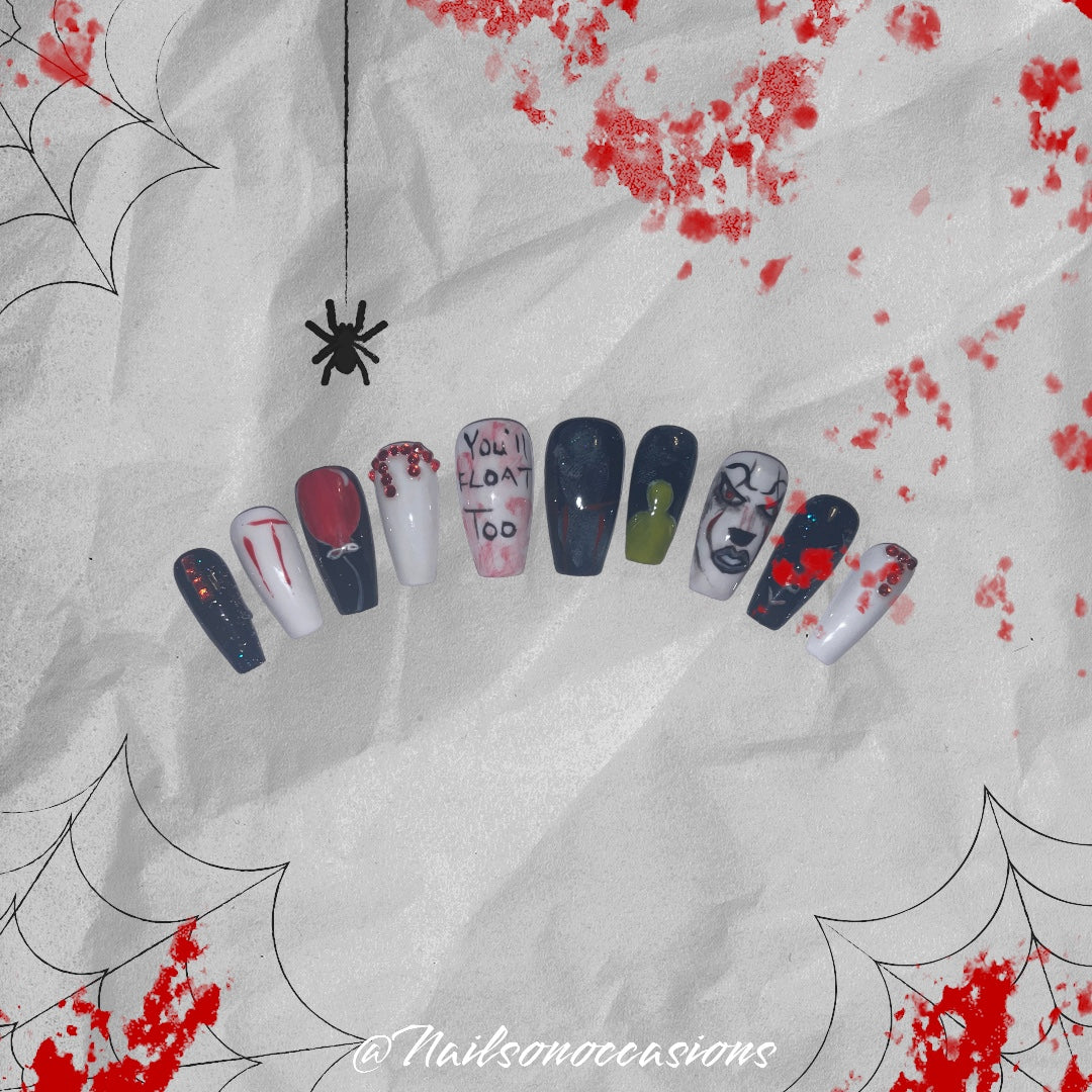 Handmade Halloween gel Press on nails | IT film| gel nails | handpainted nail art | costume wear | scary movies | glue on nails | pressons | BIAB | Pennywise inspired | spooky nails | ghost nails | removable nails | beauty gift set | nails on occasions