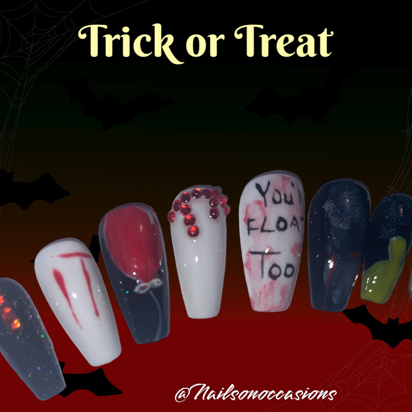 Handmade Halloween gel Press on nails | IT film| gel nails | handpainted nail art | costume wear | scary movies | glue on nails | pressons | BIAB | Pennywise inspired | spooky nails | ghost nails | removable nails | beauty gift set | nails on occasions