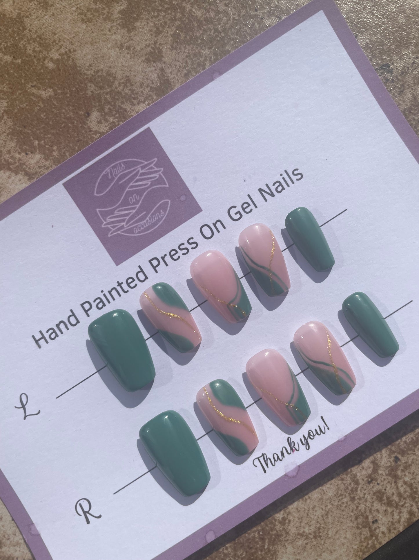 Handmade Press on Nails Autumn | Self adhesive | Glue on | Full Cover Nails | Fake Nails | Green Colour | UK Free Delivery | Luxury Gifts | Gel Nails | Coffin shape | BIAB | Application kit included | Reusable | Durable | Occasion wear | Gold Nail art |..