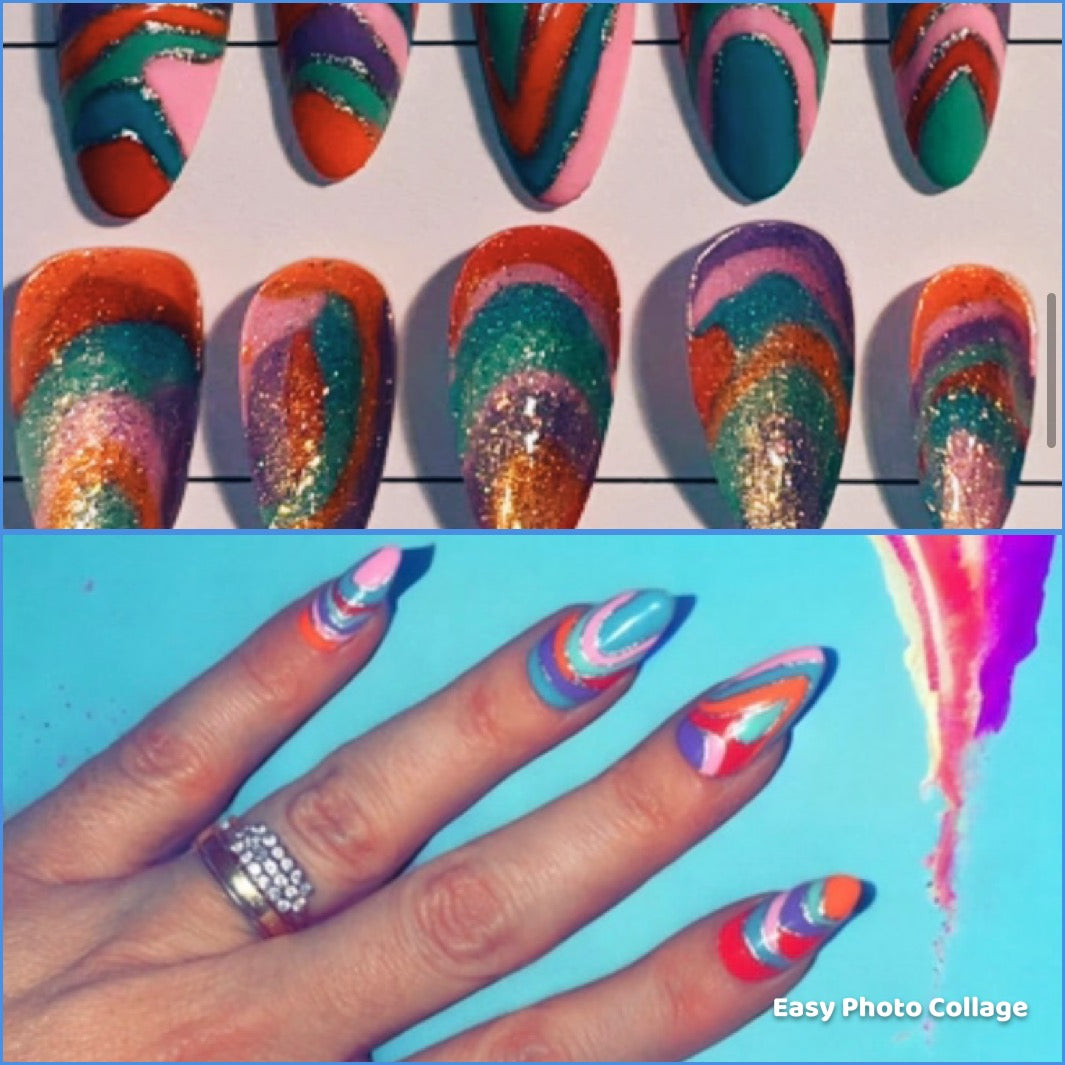 Handmade Medium Gel Press on nails | Almond Shape | Rainbow Swirls | Carnival | UK Free Delivery | BIAB | Gel Nails | Acrylic | Occasion Wear | Customisable | Reusable | Luxury | Nail Art | Stick ons | Glue Included | Application kit | DIY at home