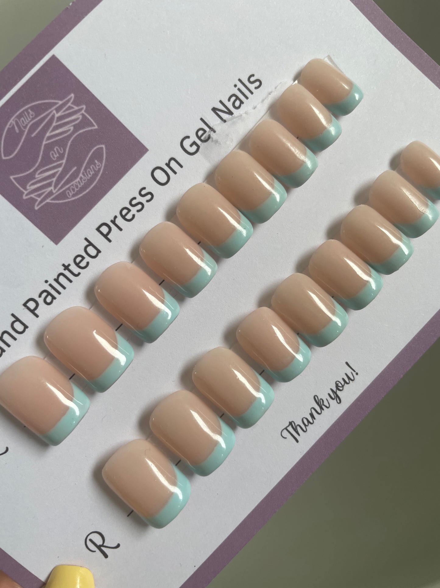 Handmade Gel Press on nails | Powder blue French tip nails | handpainted | nail art| false nails | square shape | fake nails | stick on nails | extra Short squoval nails