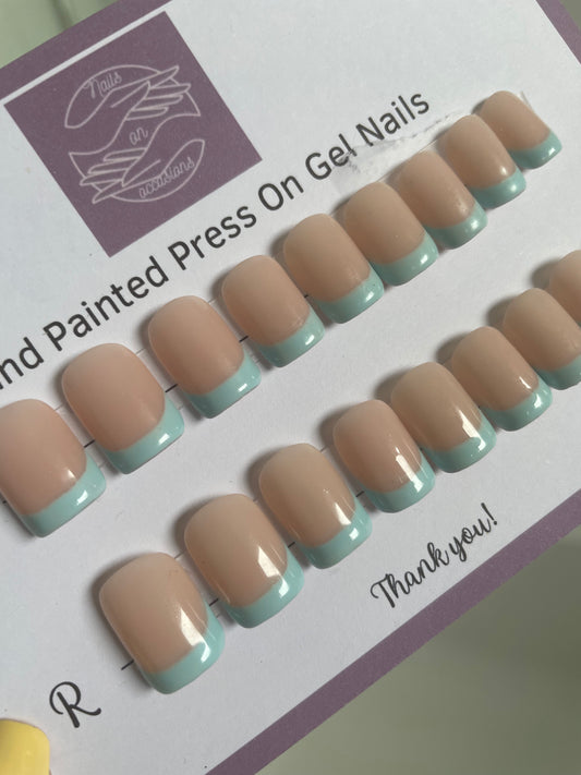 Handmade Gel Press on nails | Powder blue French tip nails | handpainted | nail art| false nails | square shape | fake nails | stick on nails | extra Short squoval nails