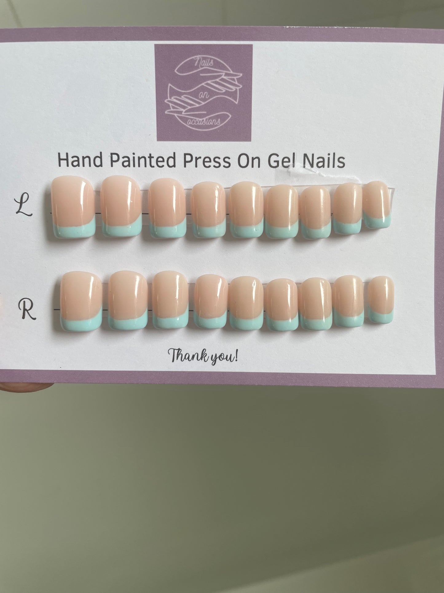 Handmade Gel Press on nails | Powder blue French tip nails | handpainted | nail art| false nails | square shape | fake nails | stick on nails | extra Short squoval nails