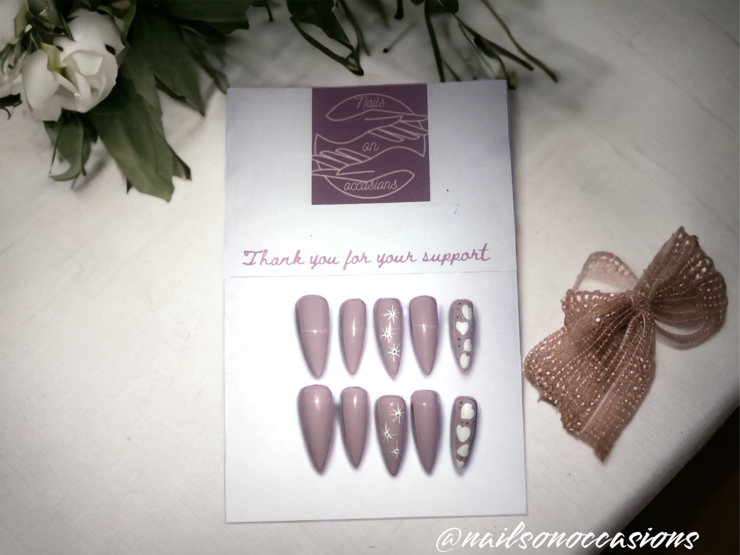 Handmade Press on Nails Autumn | Self adhesive | Glue on | Full Cover Nails | Fake Nails | Lilac Colour | UK Free Delivery | Luxury Gifts | Gel Nails | Stiletto shape | BIAB | Application kit included | Reusable | Durable | Occasion wear | Long Nails |