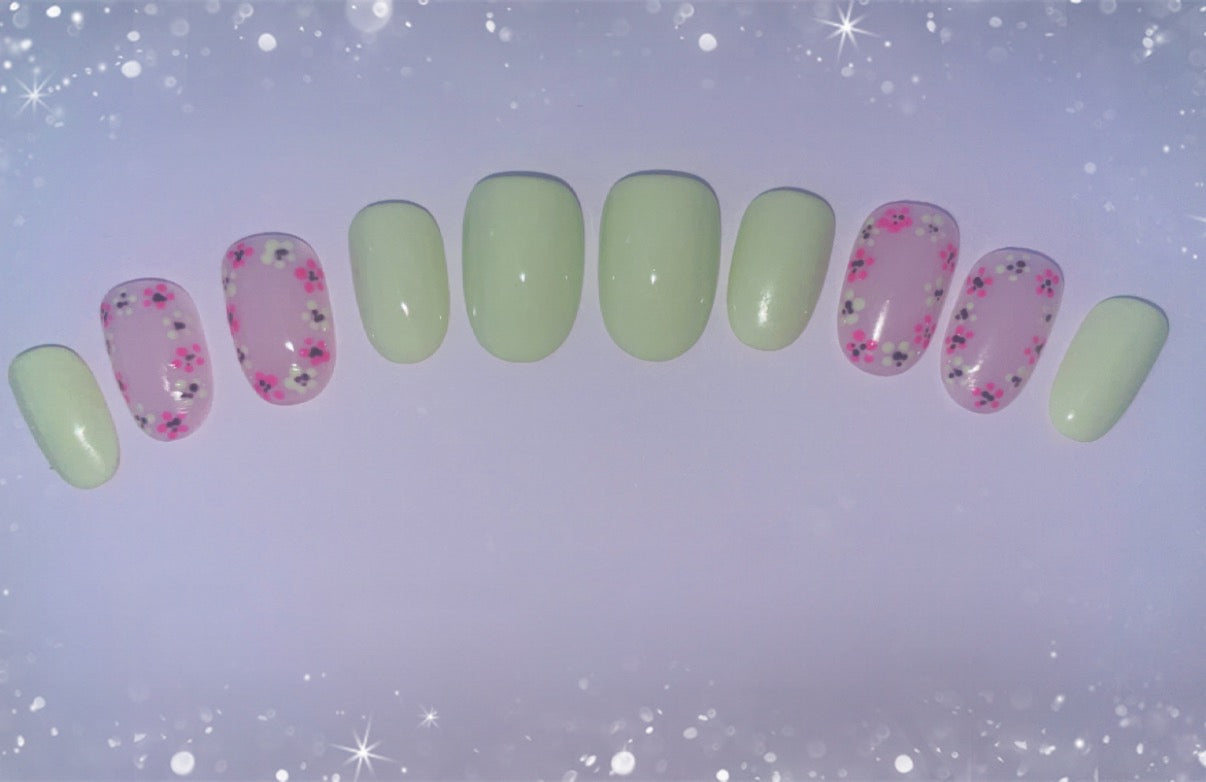 Luxury Press On Nails | Floral Nails | Medium Green Gel Nails | Acrylic | False | Fake Nails | Thanksgiving Nails | BIAB | Handmade | Removable | Stick on | UK free delivery | Autumn  nails | salon ready | Almond shape | Pastel | Occasion wear |