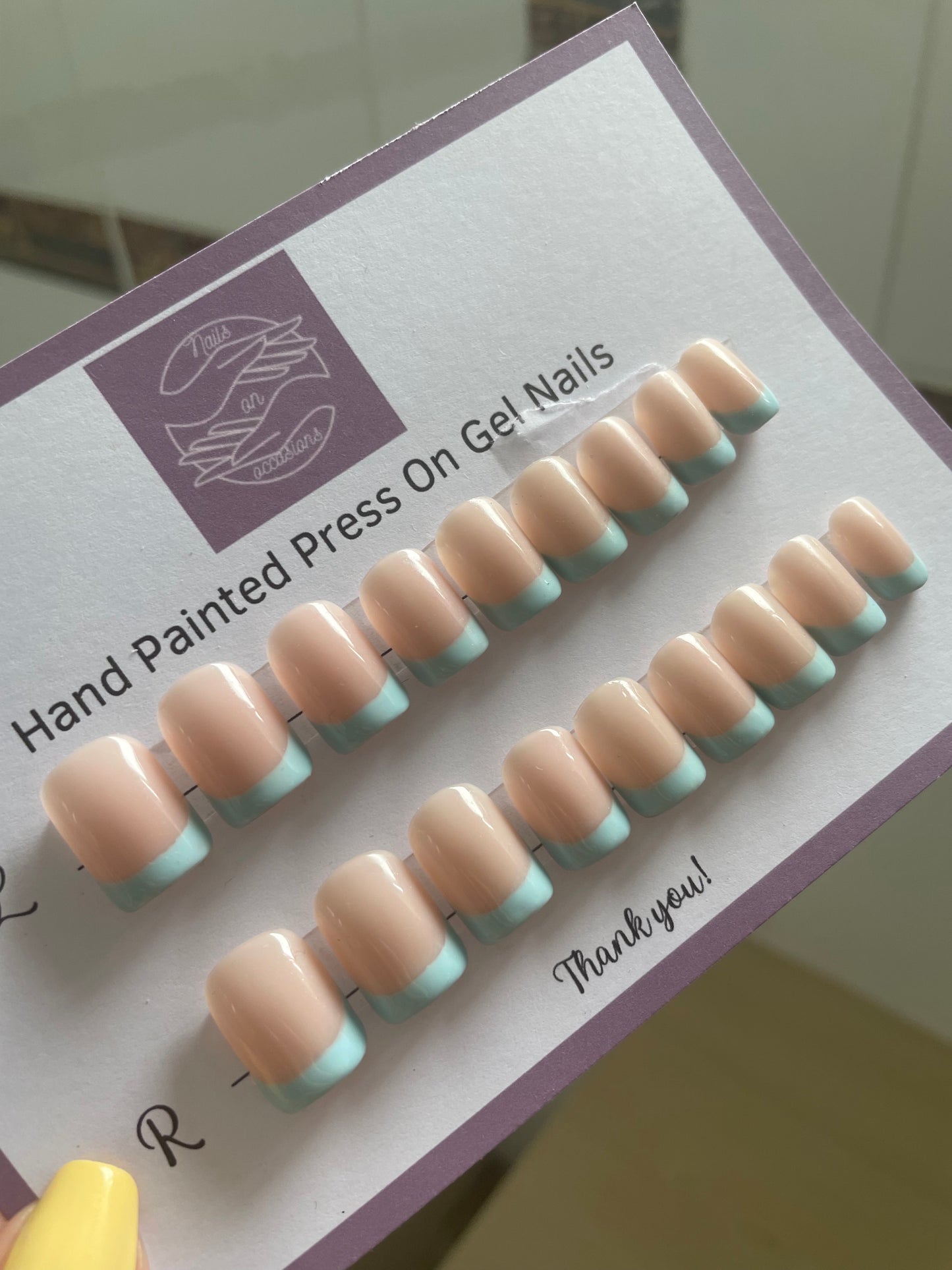 Handmade Gel Press on nails | Powder blue French tip nails | handpainted | nail art| false nails | square shape | fake nails | stick on nails | extra Short squoval nails