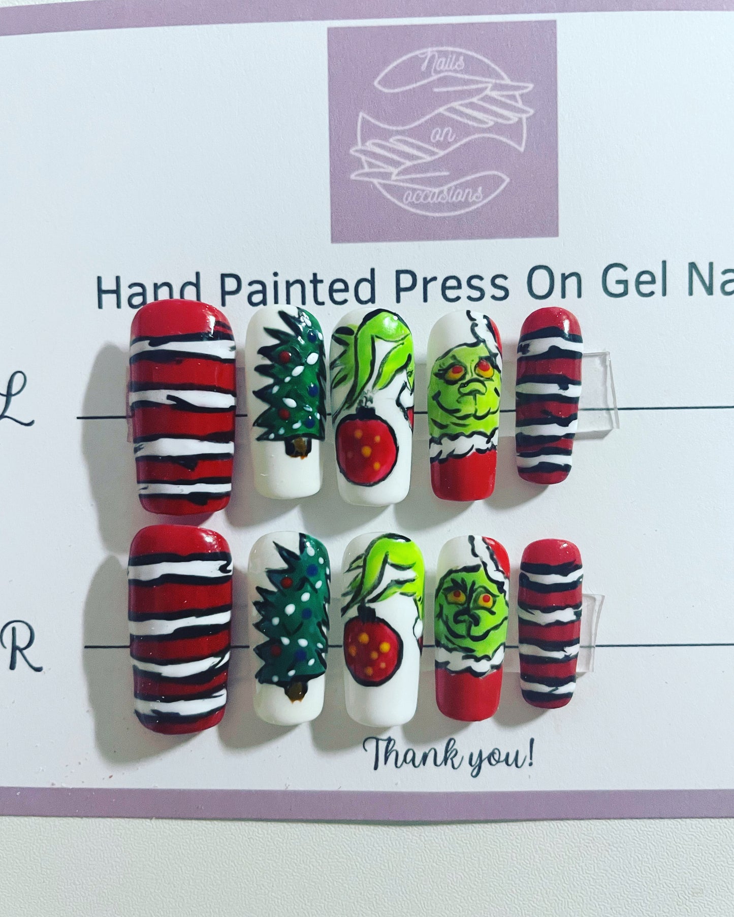 Luxury Press On Nails | Christmas Nails | Medium Grinch Inspired Gel Nails | Acrylic Nails | False Nails | Fake Nails | Thanksgiving Nails | BIAB | Handmade | Removable Nails | Stick ons | UK free delivery | Novelty nails | salon ready | Square shape |