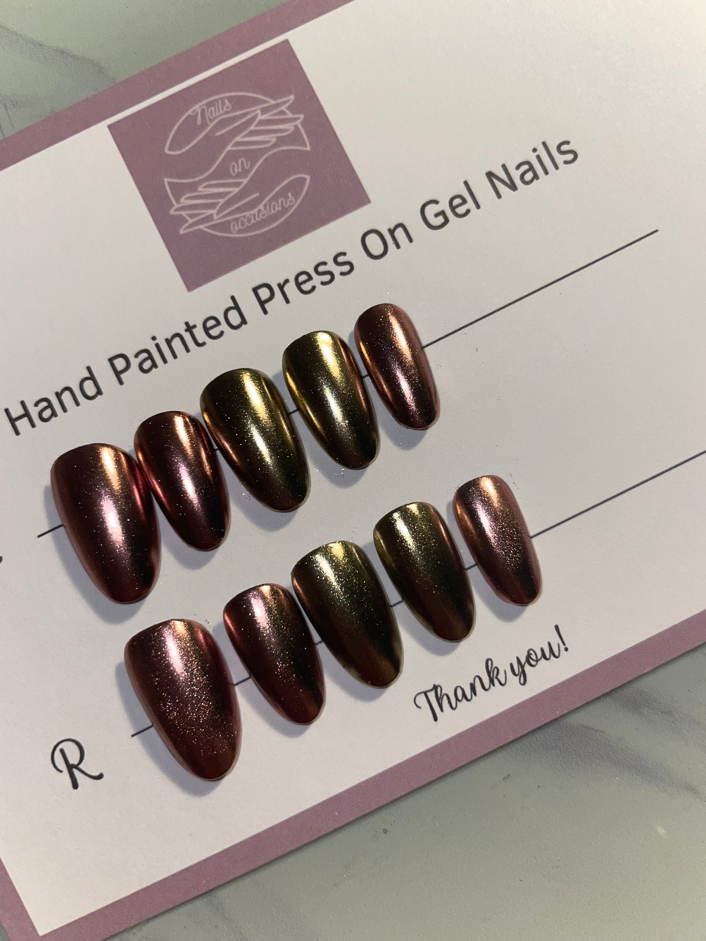 Luxury Press On Nails | Chrome Nails | Medium Rose Gold Gel Nails | Acrylic | False | Fake | Thanksgiving Nails | BIAB | Handmade | Removable Nails | Stick on nails | UK free delivery | Autumn nails | salon ready | Round shape | Reusable | Luxury | Polish