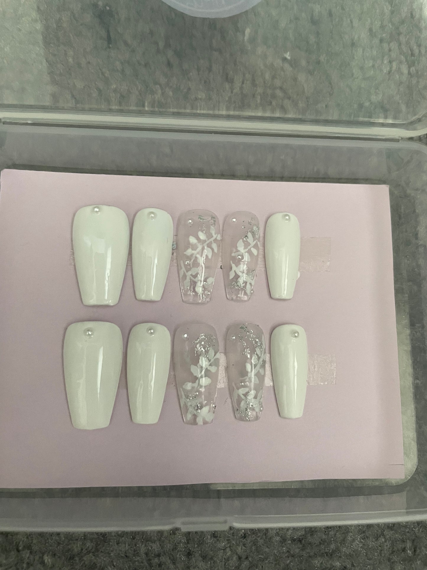 Medium coffin Pearl white press on nails