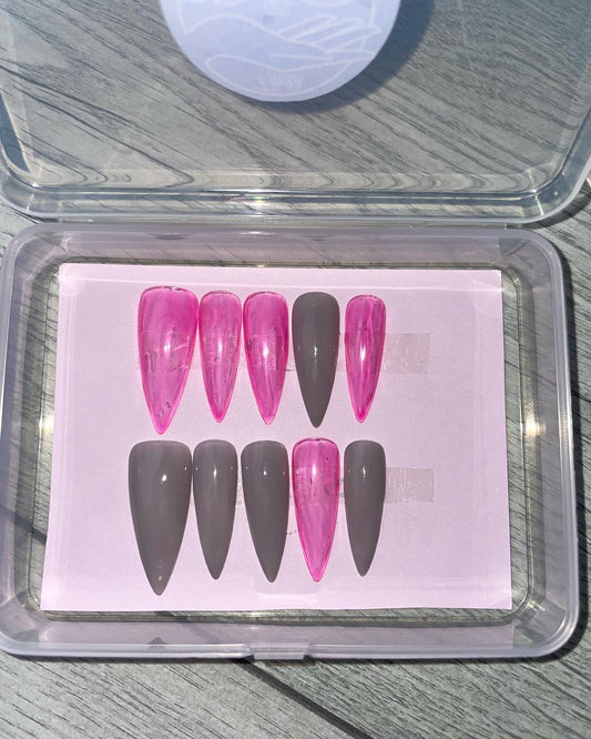 Long stiletto Pink and grey press on nails