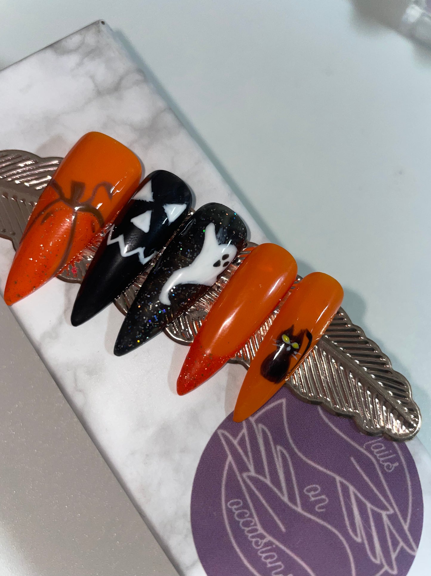 Medium Stiletto Orange halloween press on nails