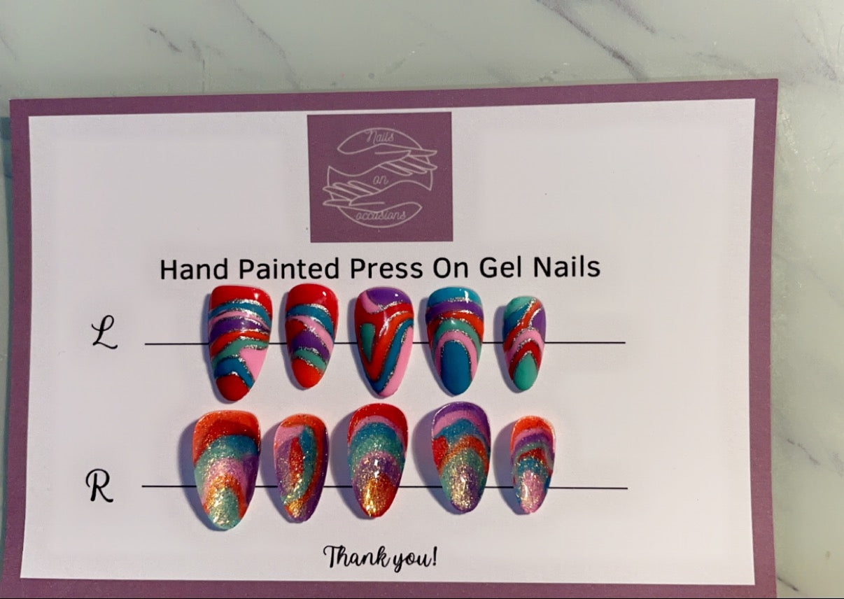 Handmade Medium Gel Press on nails | Almond Shape | Rainbow Swirls | Carnival | UK Free Delivery | BIAB | Gel Nails | Acrylic | Occasion Wear | Customisable | Reusable | Luxury | Nail Art | Stick ons | Glue Included | Application kit | DIY at home