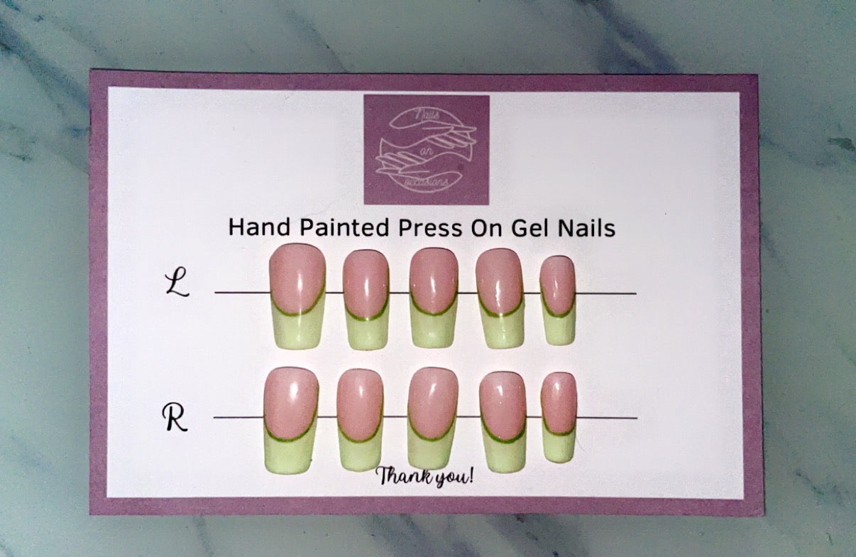 Medium Square Lime Green french tip Press on nails