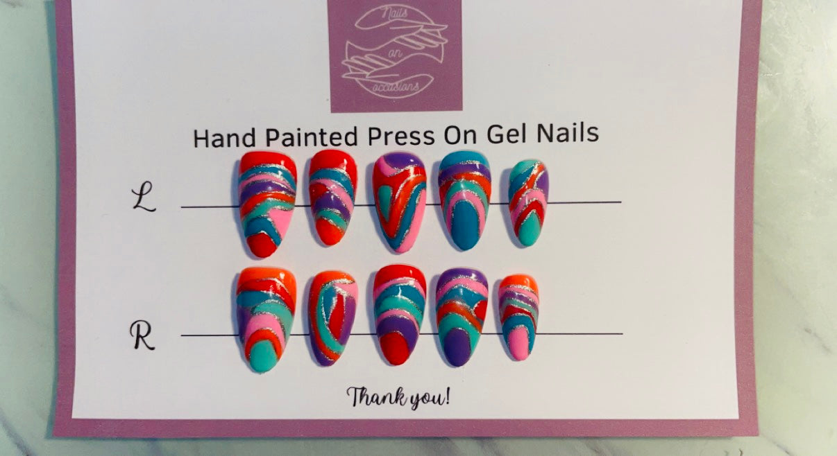 Handmade Medium Gel Press on nails | Almond Shape | Rainbow Swirls | Carnival | UK Free Delivery | BIAB | Gel Nails | Acrylic | Occasion Wear | Customisable | Reusable | Luxury | Nail Art | Stick ons | Glue Included | Application kit | DIY at home