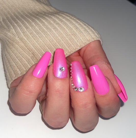 Medium coffin Hot pink bling with gems  press on nails