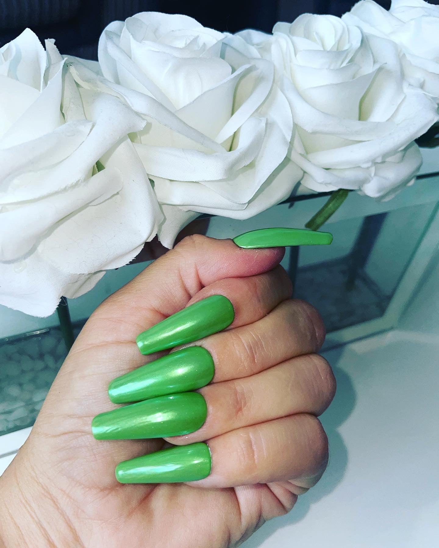 Handmade Press on Nails | Self adhesive | Glue on | Full Cover Nails | Fake Nails | Green Colour | UK Free Delivery | Luxury Gifts | Gel Nails | Coffin shape | BIAB | Application kit included | Reusable | Durable | Chrome effect | BIAB | Long Nails | DIY