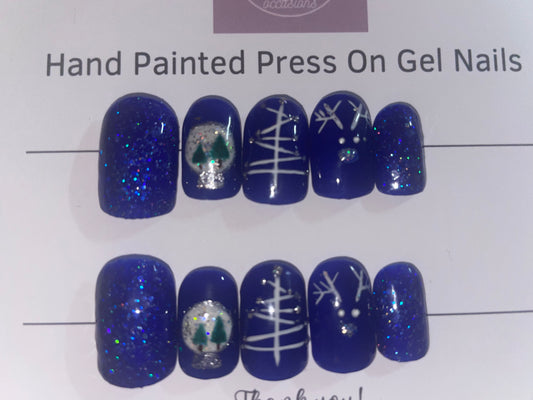 Short square Blue Christmas press on nails