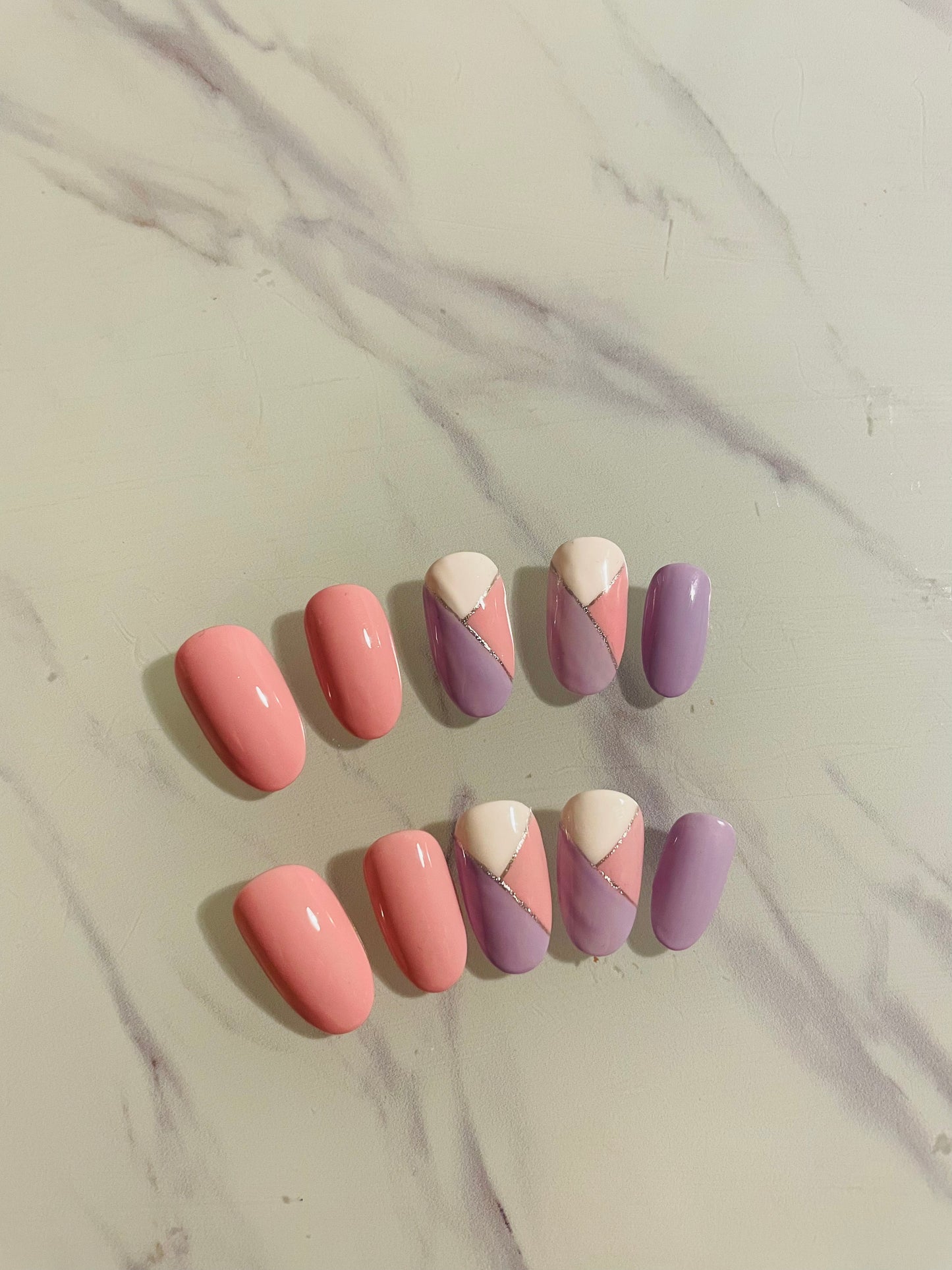 Medium round pink and purple geometric pattern press on nails