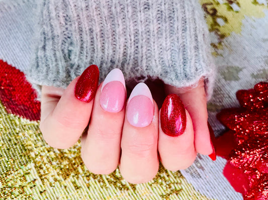 Short Almond French tip red press on nails