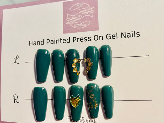 Medium coffin green valentine love press on nails