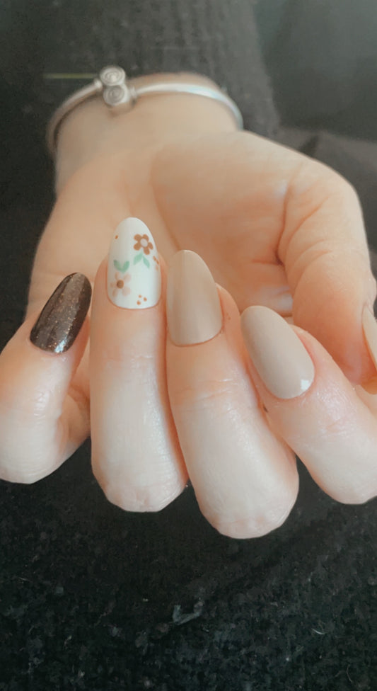 Short round Autumn nails with handpainted floral nail art  press on nails